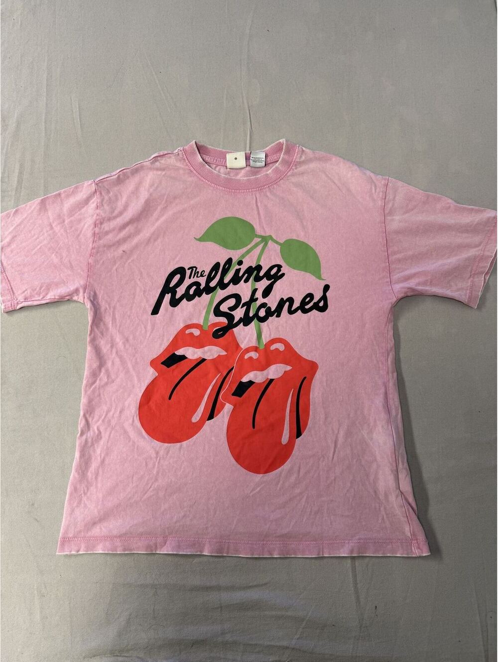 Cute The Rolling Stones Tongue Logo Pink T-shirt Cherries -S